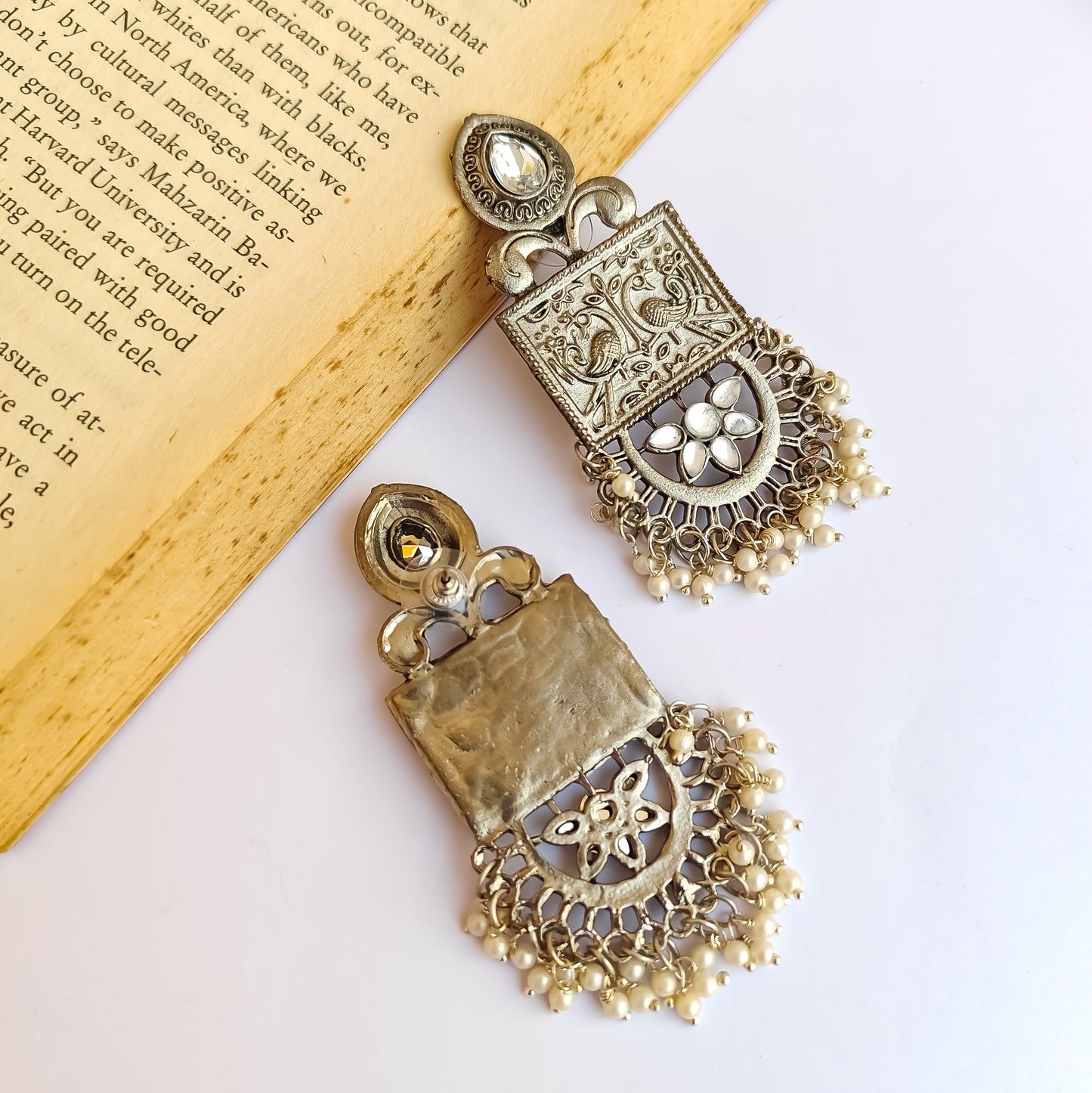 Payal Motif Silver Oxidised Chandbali Earrings