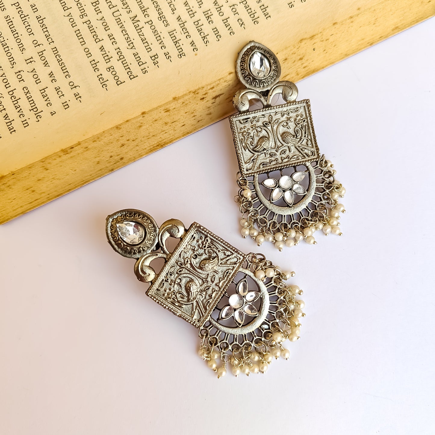 Payal Motif Silver Oxidised Chandbali Earrings