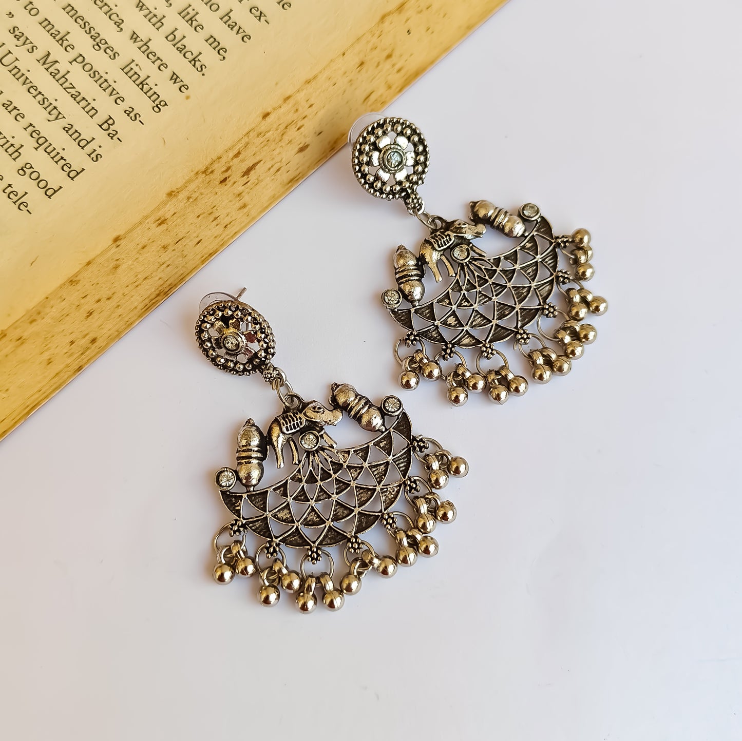 Suyash Elephant Motif Silver Oxidised Earrings