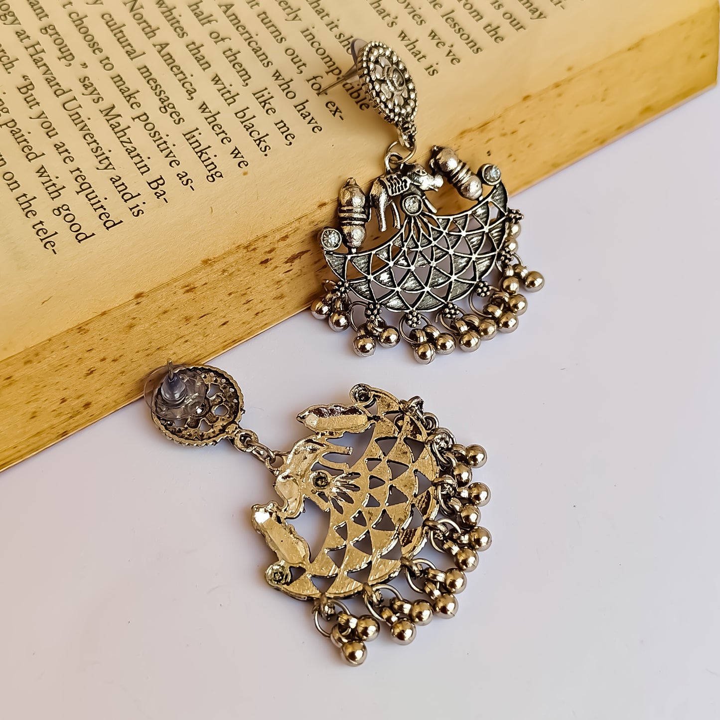 Suyash Elephant Motif Silver Oxidised Earrings