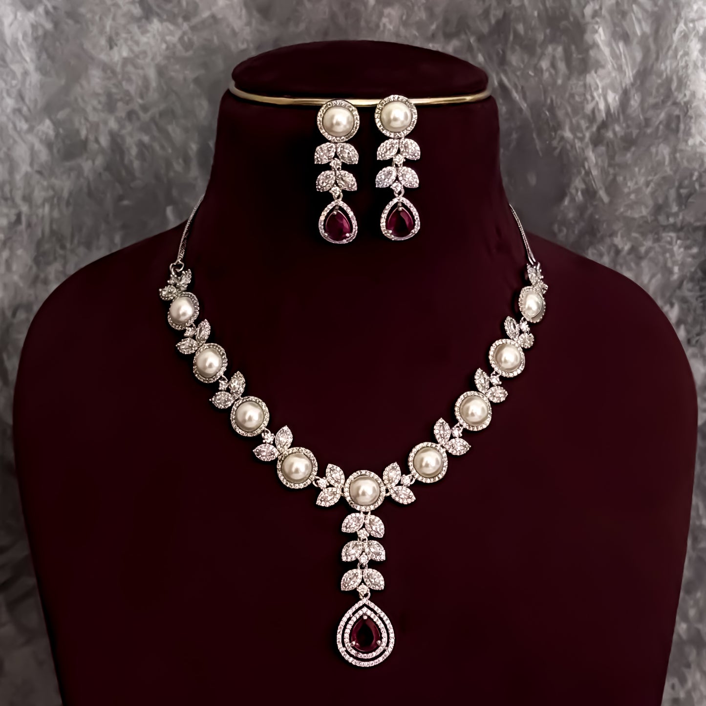 Lisha American Diamond Necklace Set - Ruby Red