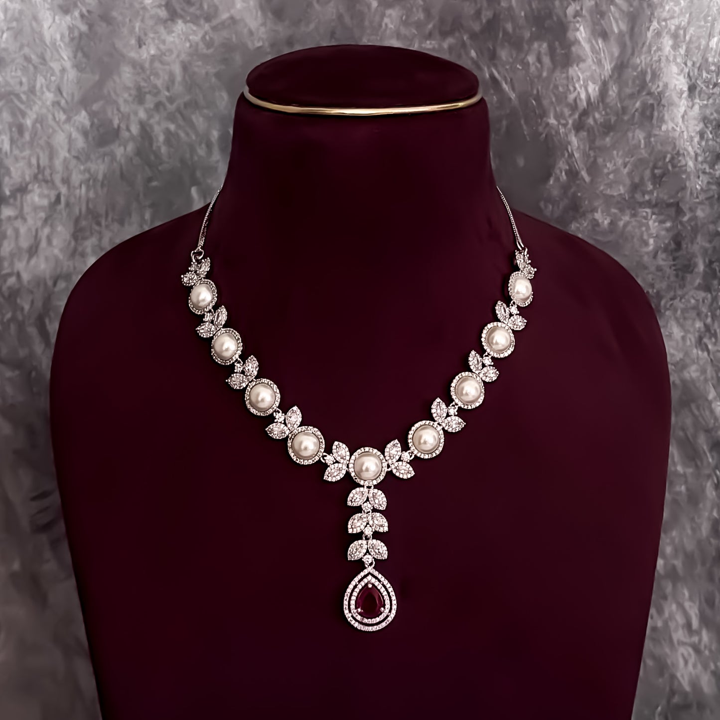 Lisha American Diamond Necklace Set - Ruby Red
