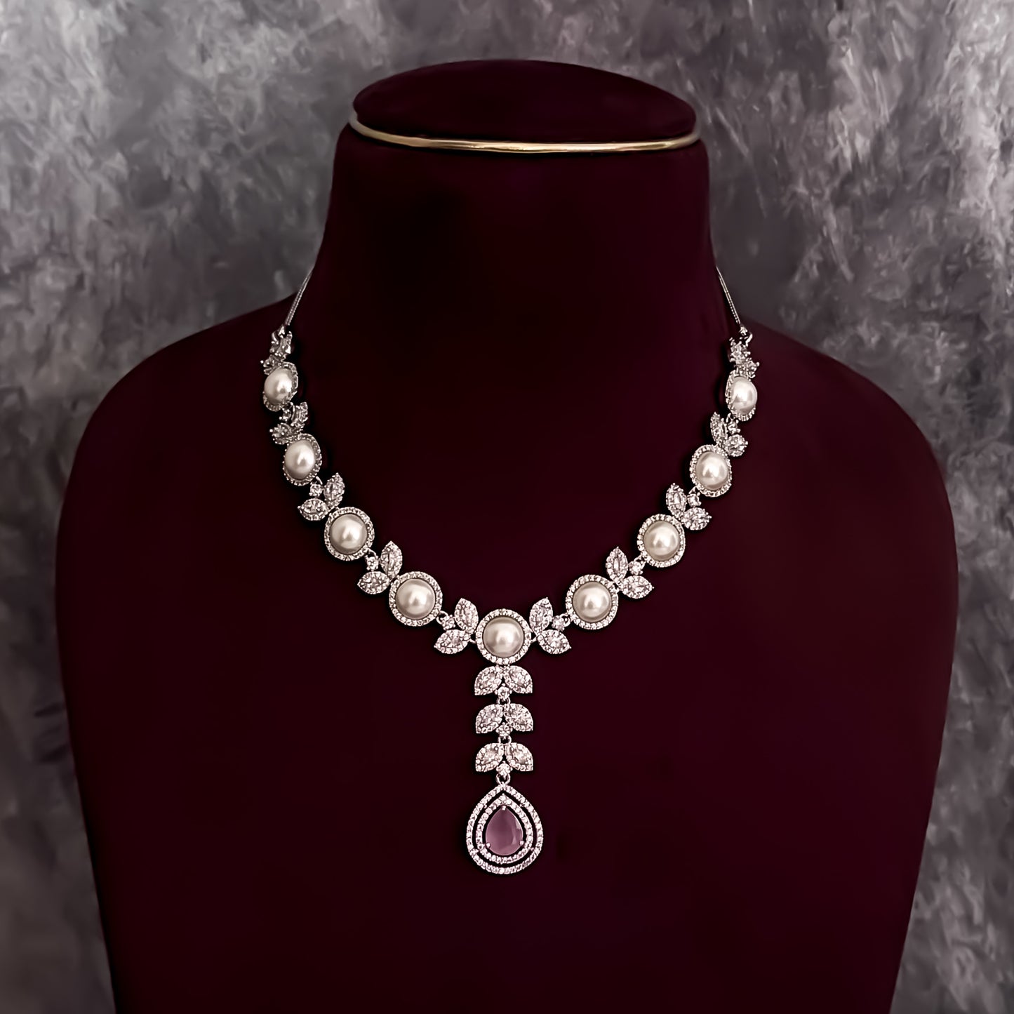 Lisha American Diamond Necklace Set - Pastel Pink