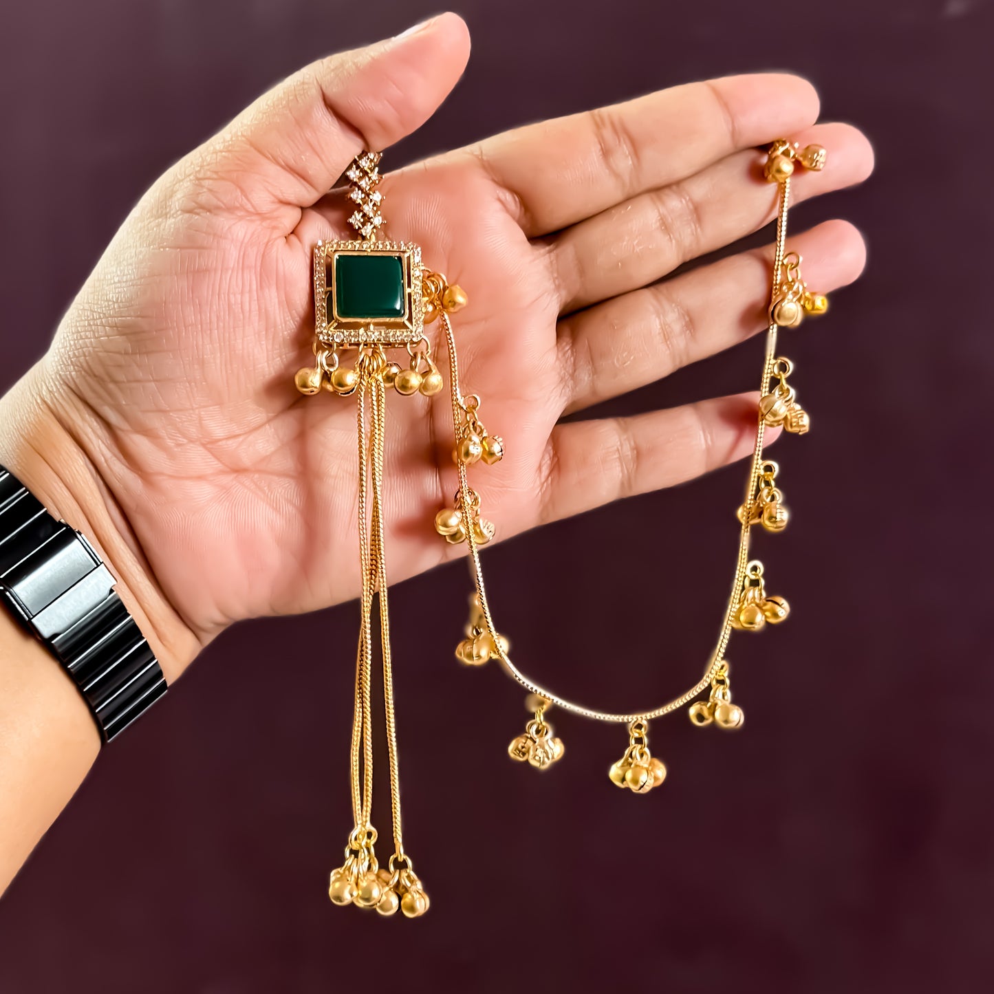 Shazia Premium Golden & Green Brass Kashmiri Jhumka Earrings with Sahara/Earchains