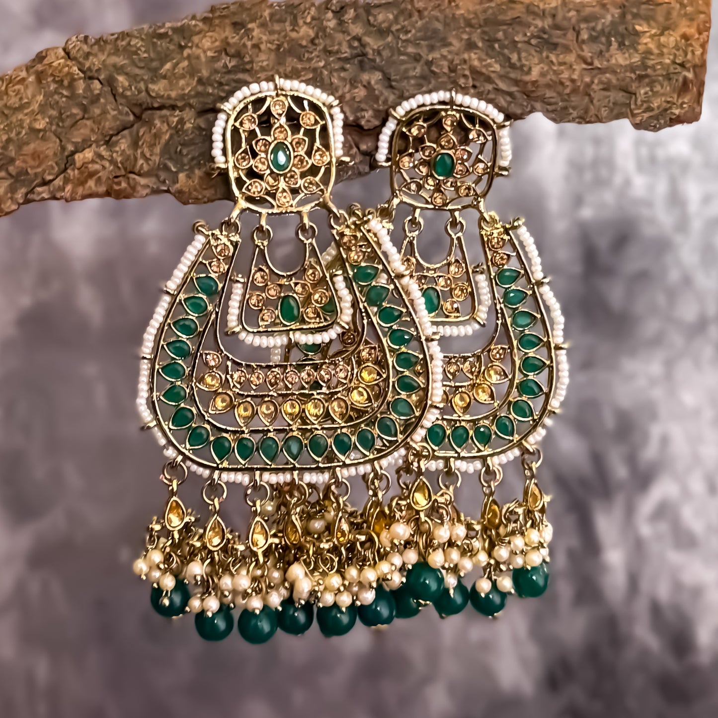 Meenakari Bottle Green Pearl Chandbali Earrings
