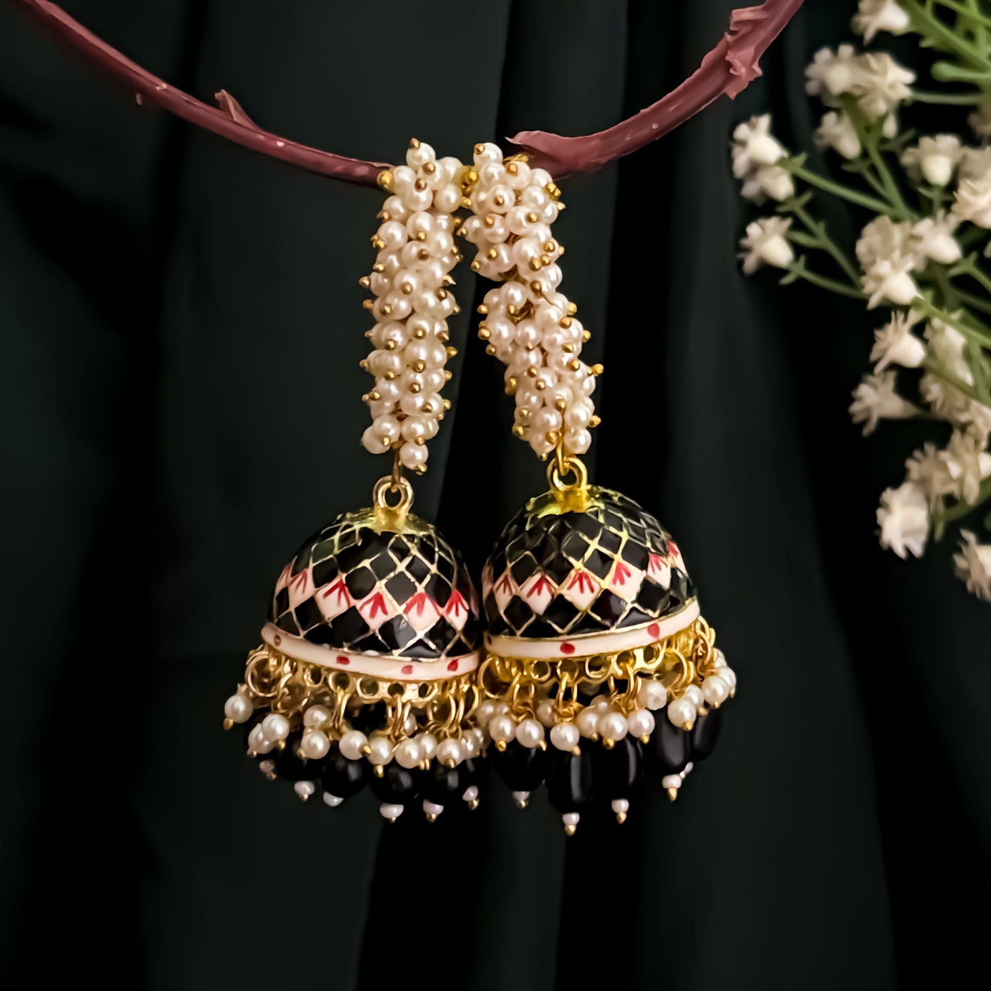 Paro Ganthan Meenakari Jhumka - Black