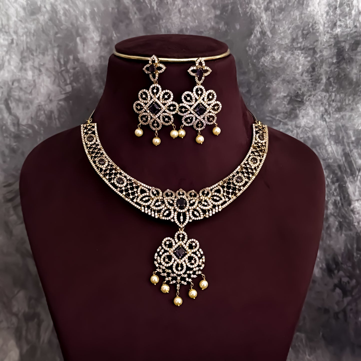 Nandini Victorian Work AD Necklace Set - Purple