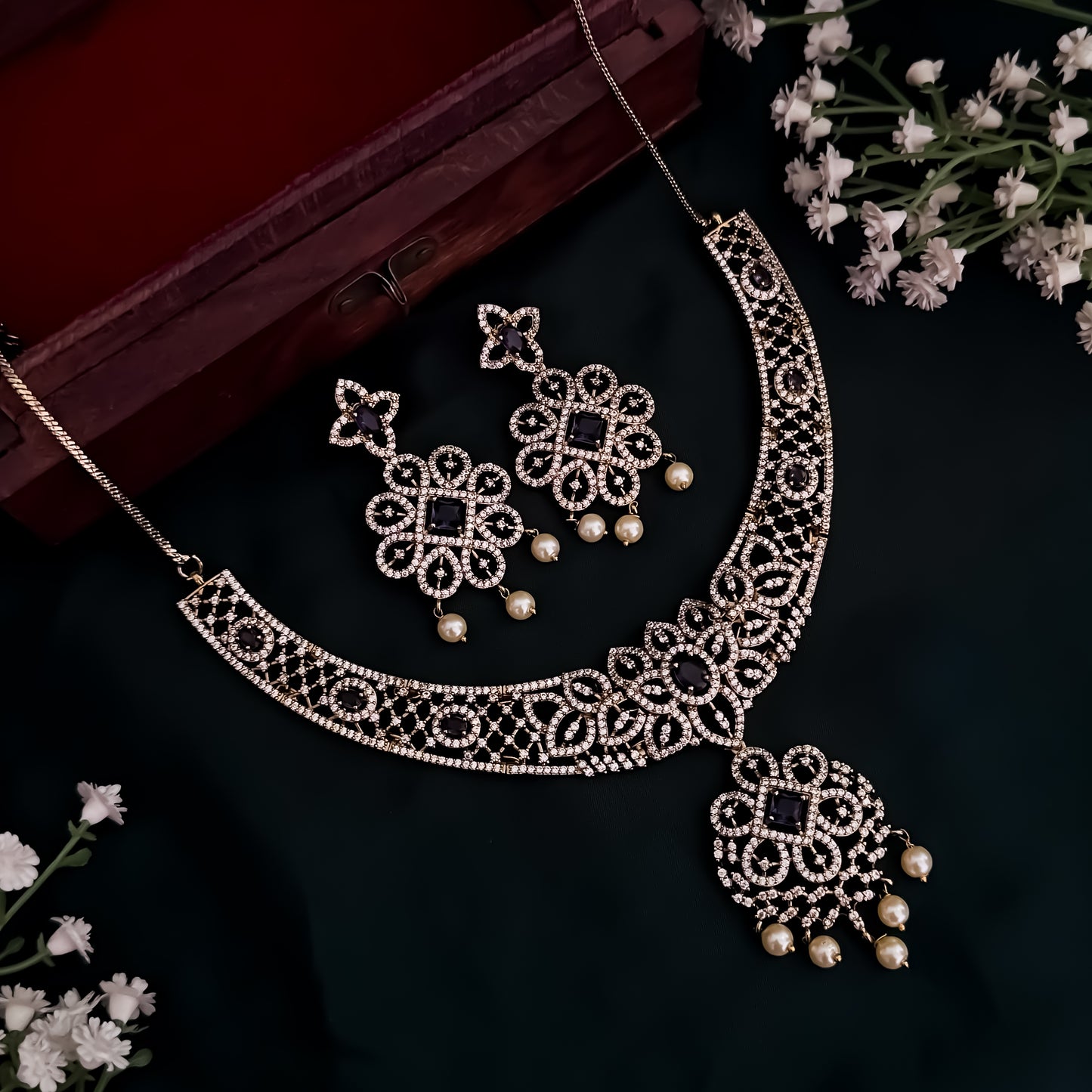 Nandini Victorian Work AD Necklace Set - Purple