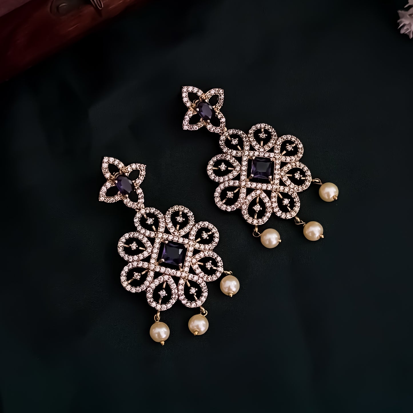 Nandini Victorian Work AD Necklace Set - Purple