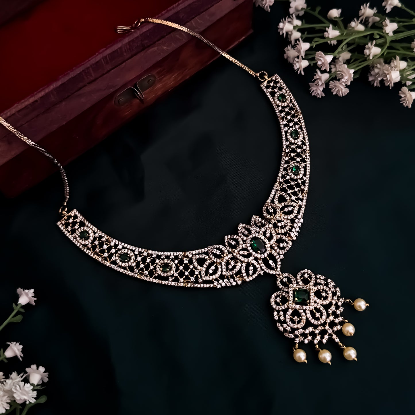 Nandini Victorian Work AD Necklace Set - Green