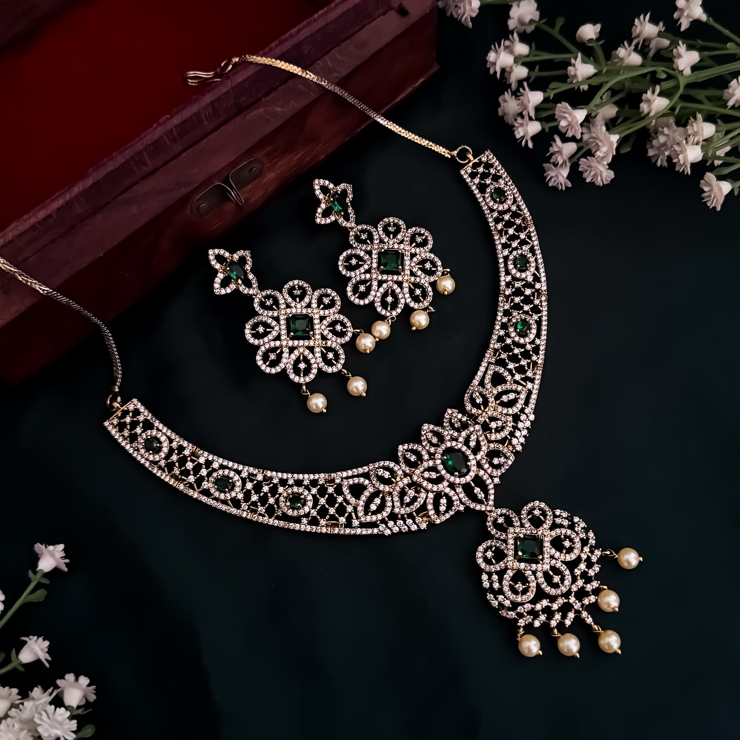 Nandini Victorian Work AD Necklace Set - Green