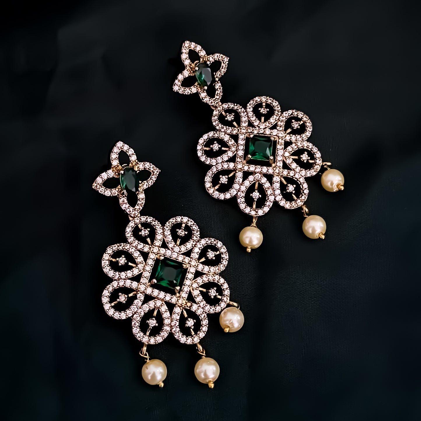 Nandini Victorian Work AD Necklace Set - Green