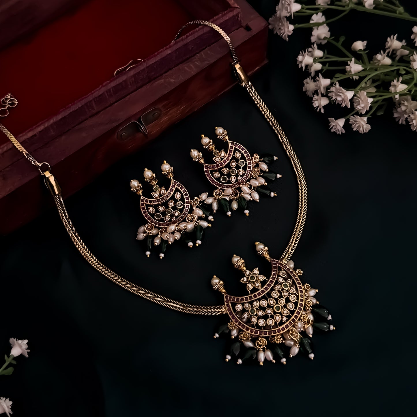 Bhagyashree Pearl AD Necklace Set - Golden & Green