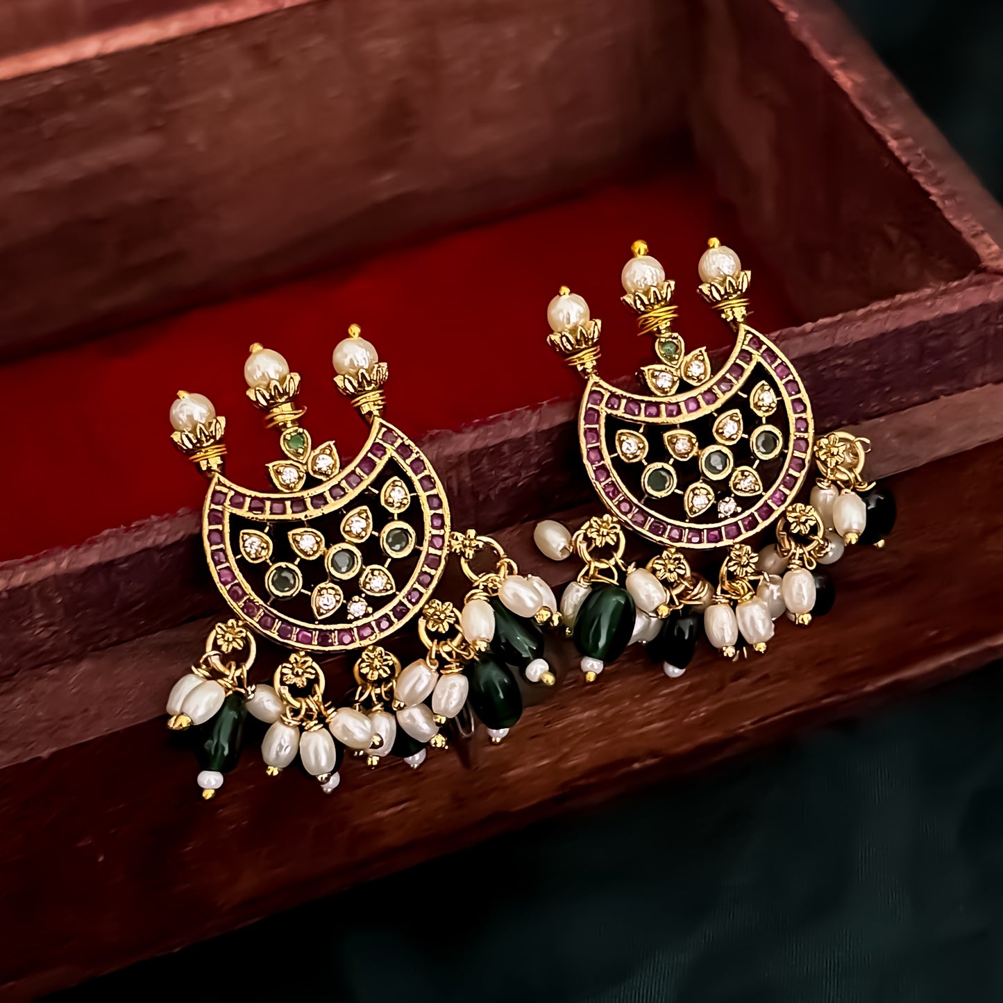 Bhagyashree Pearl AD Necklace Set - Golden & Green