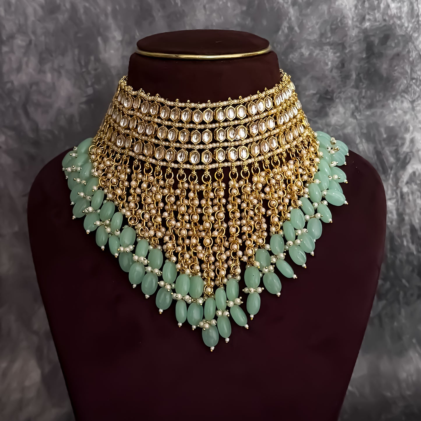 Taniya Kundan Pearl Jhallar Necklace Set - Mint Green