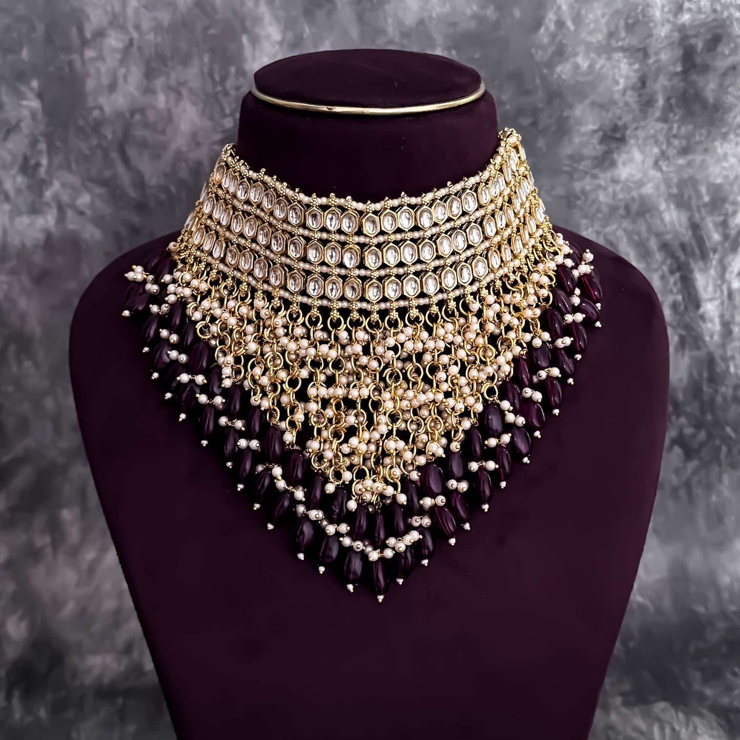 Taniya Kundan Pearl Jhallar Necklace Set - Maroon