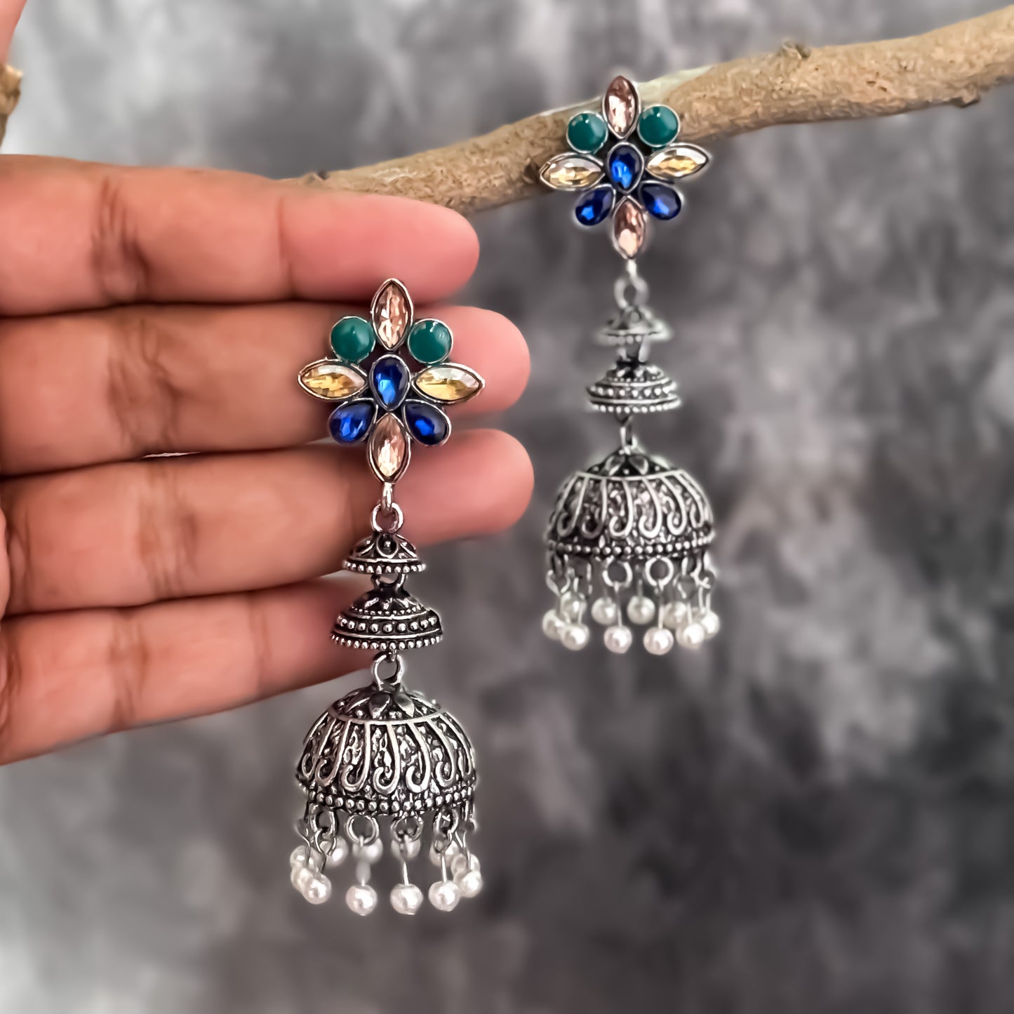 Dual Stone Studded Silver Brass Jhumka Earrings