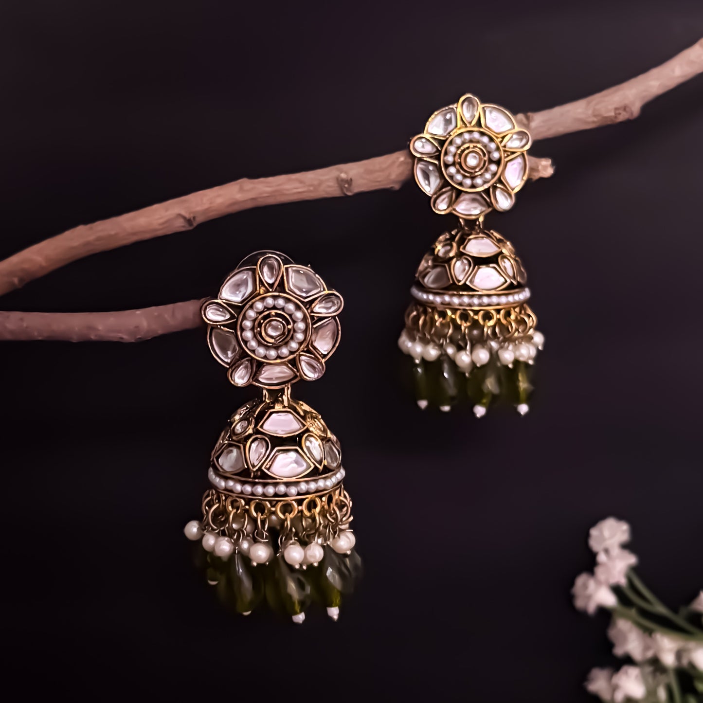 Ruhani Pearl Jhumka Earrings- Mehendi Green