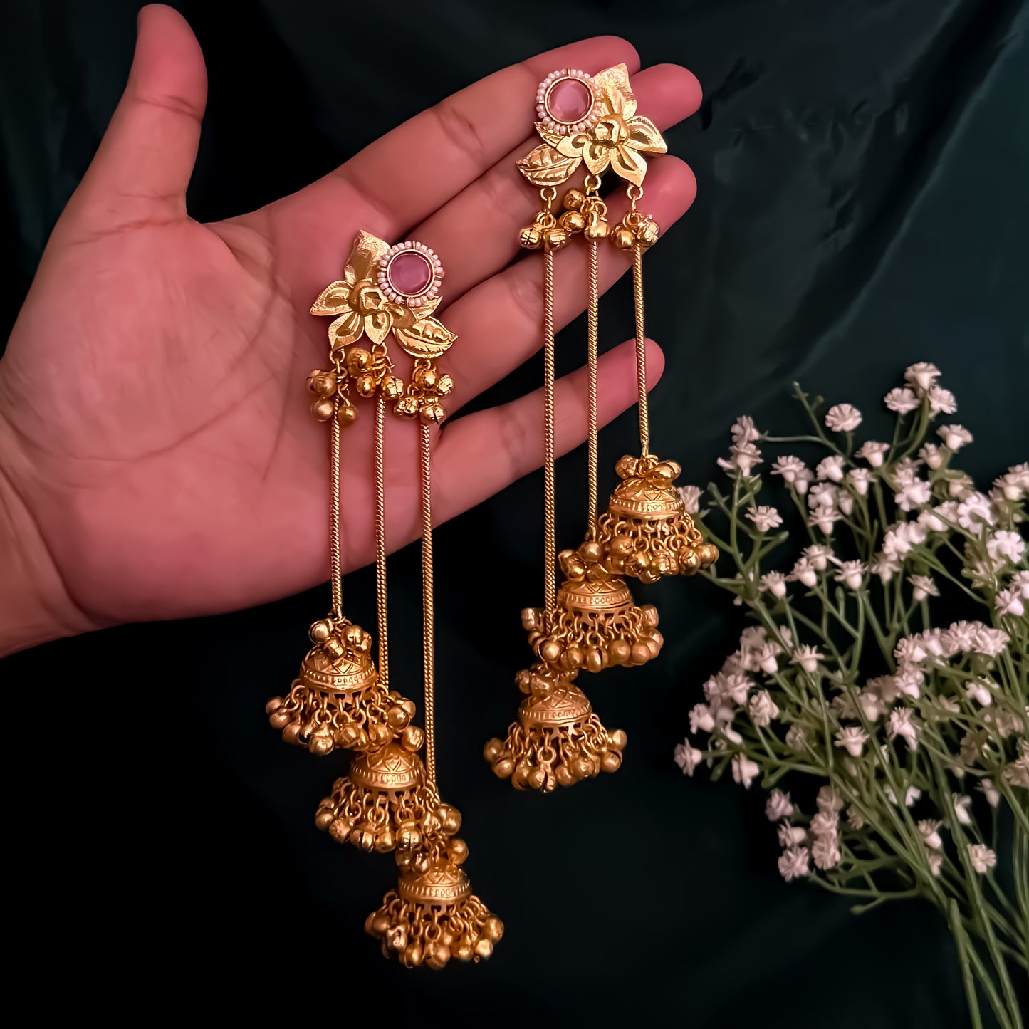 Tarini Premium Kashmiri Brass Dejhoor Ghungroo Jhumka Earrings - Golden & Pastel Pink