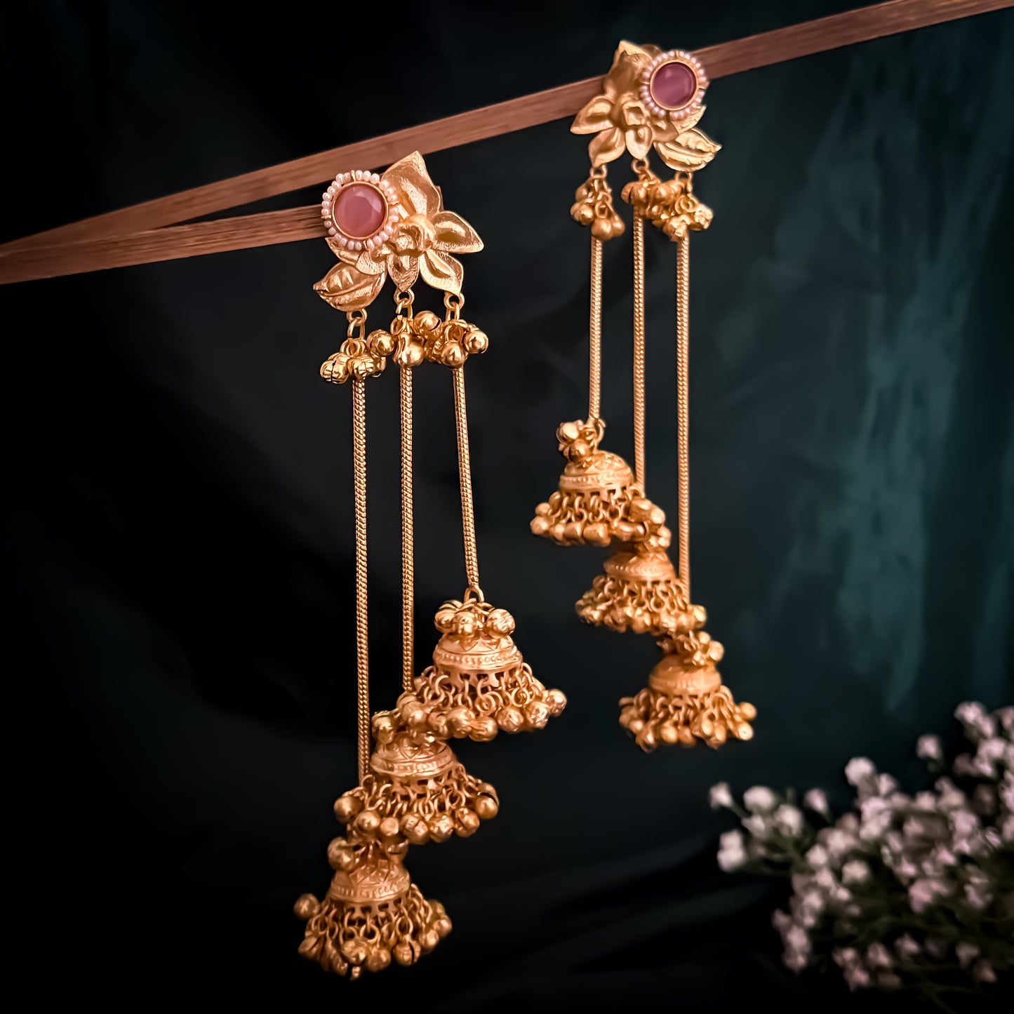 Tarini Premium Kashmiri Brass Dejhoor Ghungroo Jhumka Earrings - Golden & Pastel Pink