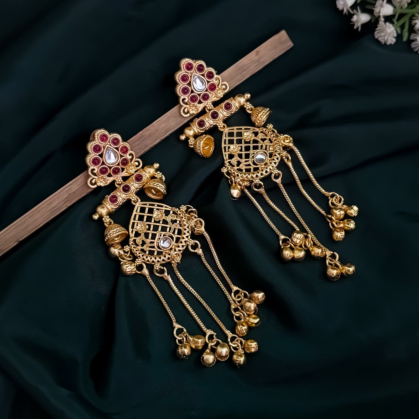 Kaushiki Kashmiri Brass Ghungroo Chandbali Earrings - Pink