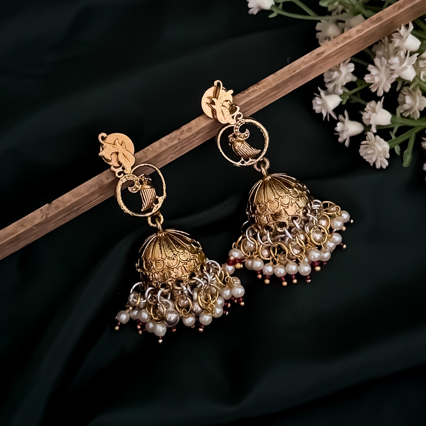 Aashna Kashmiri Brass Jhumki Earrings - Red