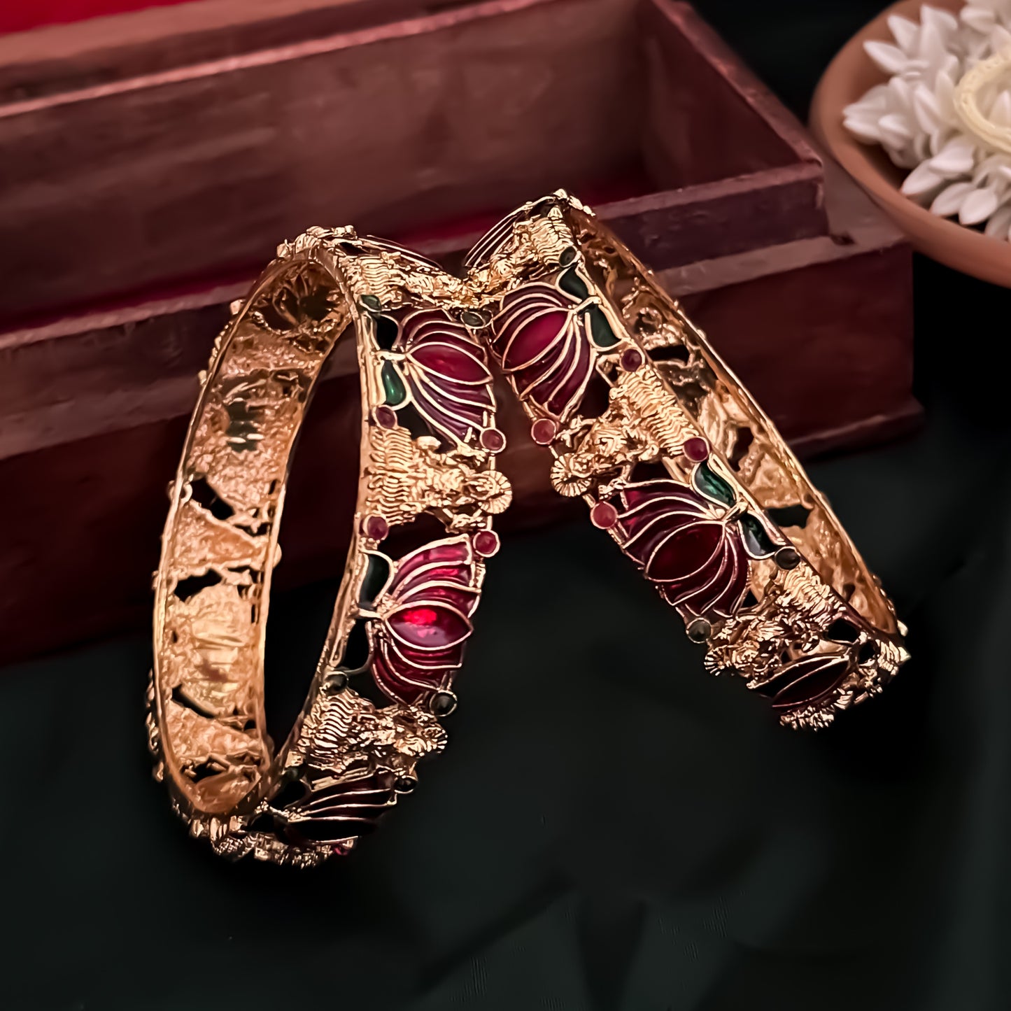 Nalini Lotus Lakshmi Temple Gold Bangles - Set of 2