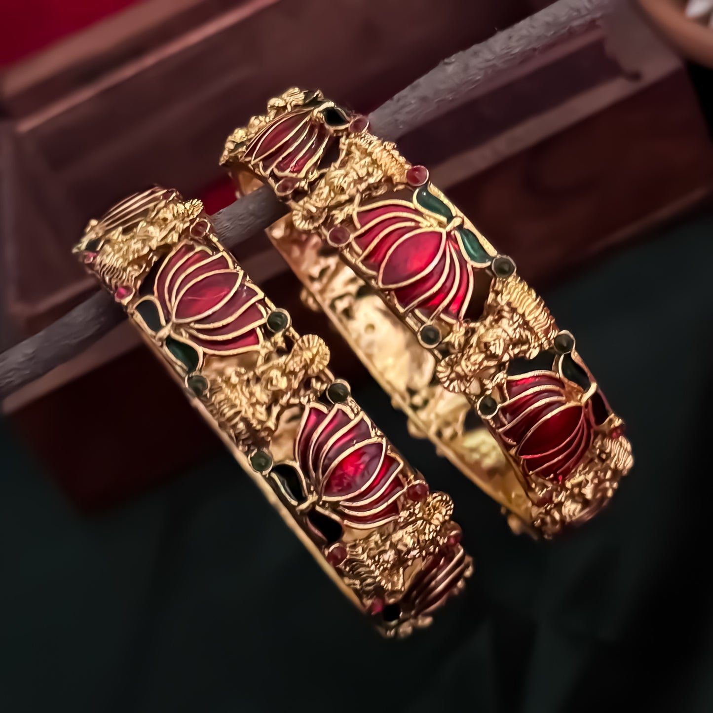 Nalini Lotus Lakshmi Temple Gold Bangles - Set of 2