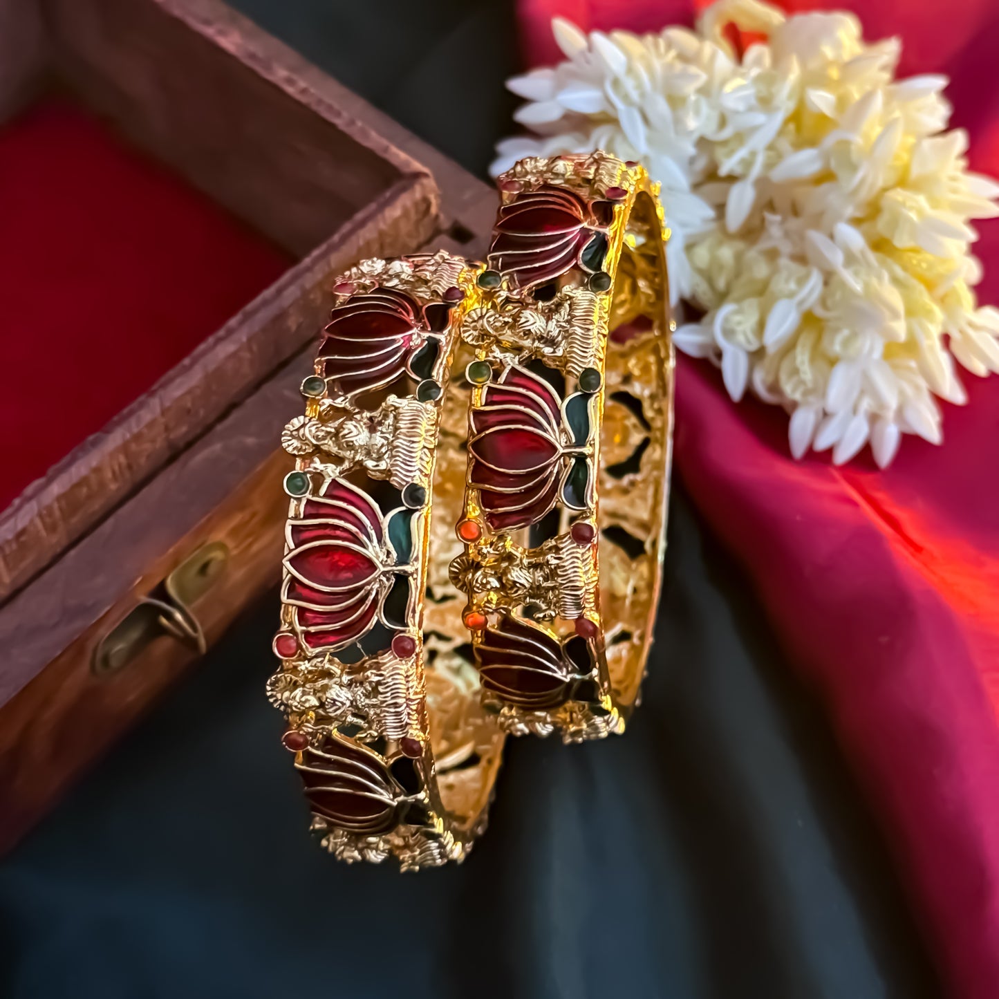 Nalini Lotus Lakshmi Temple Gold Bangles - Set of 2