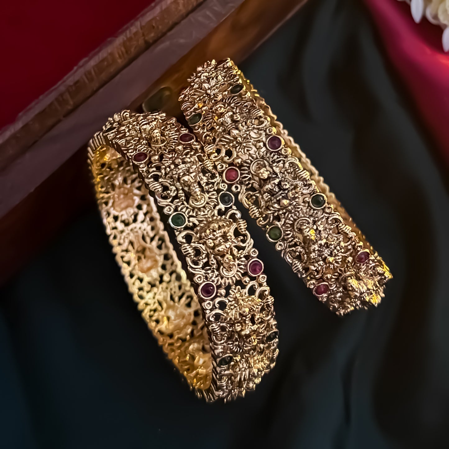 Mahalakshmi Temple Gold Bangles with Ruby & Emerald Stones - Set of 2