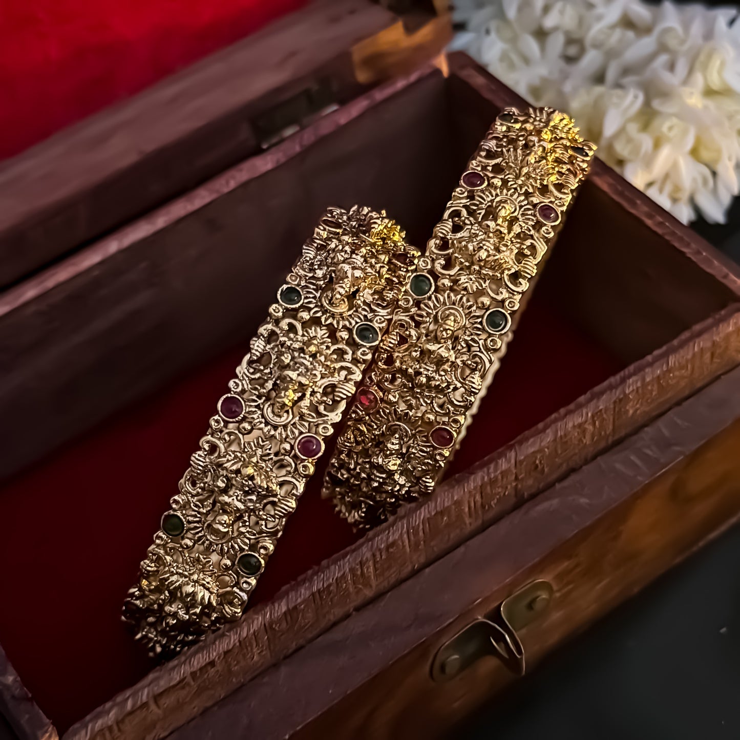 Mahalakshmi Temple Gold Bangles with Ruby & Emerald Stones - Set of 2