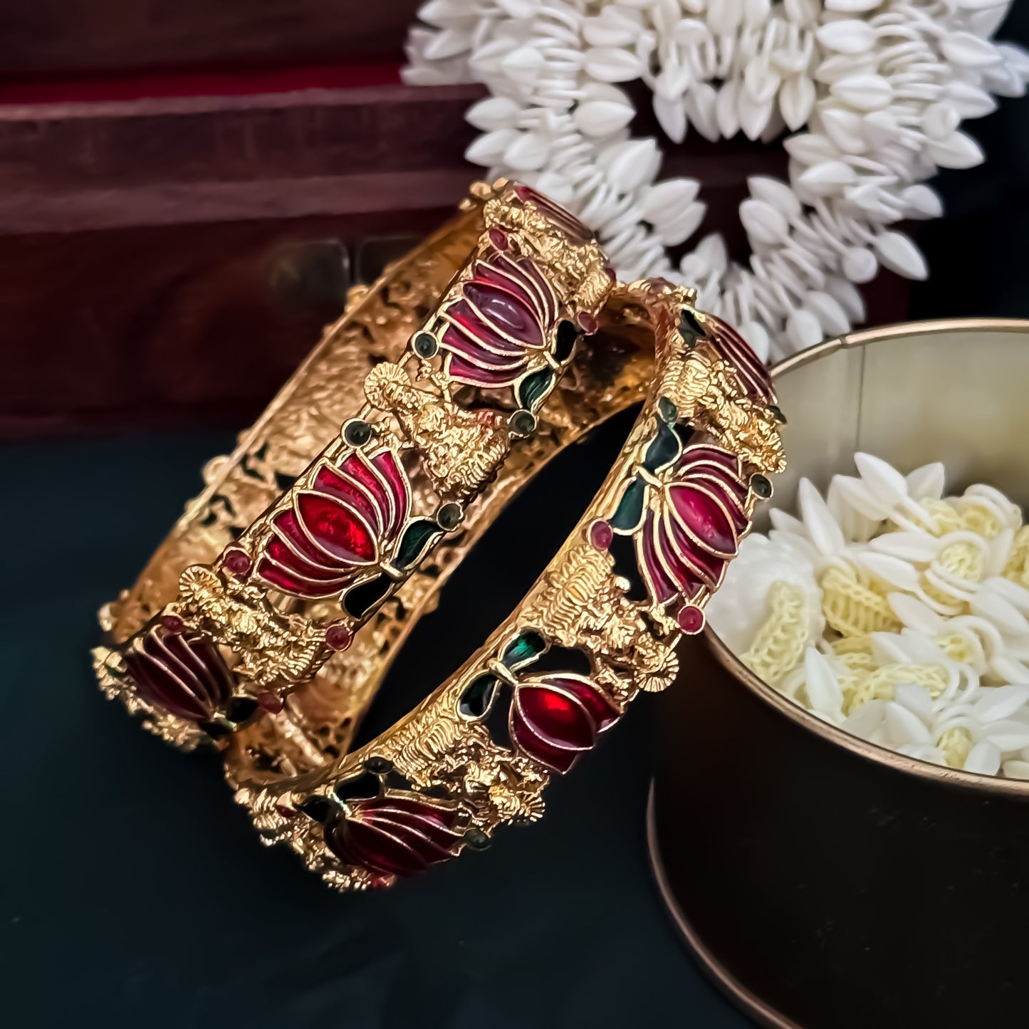 Nalini Lotus Lakshmi Temple Gold Bangles - Set of 2 (Maroon)
