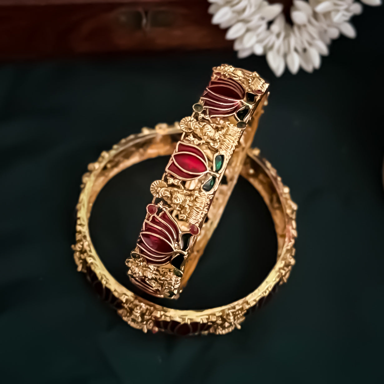 Nalini Lotus Lakshmi Temple Gold Bangles - Set of 2