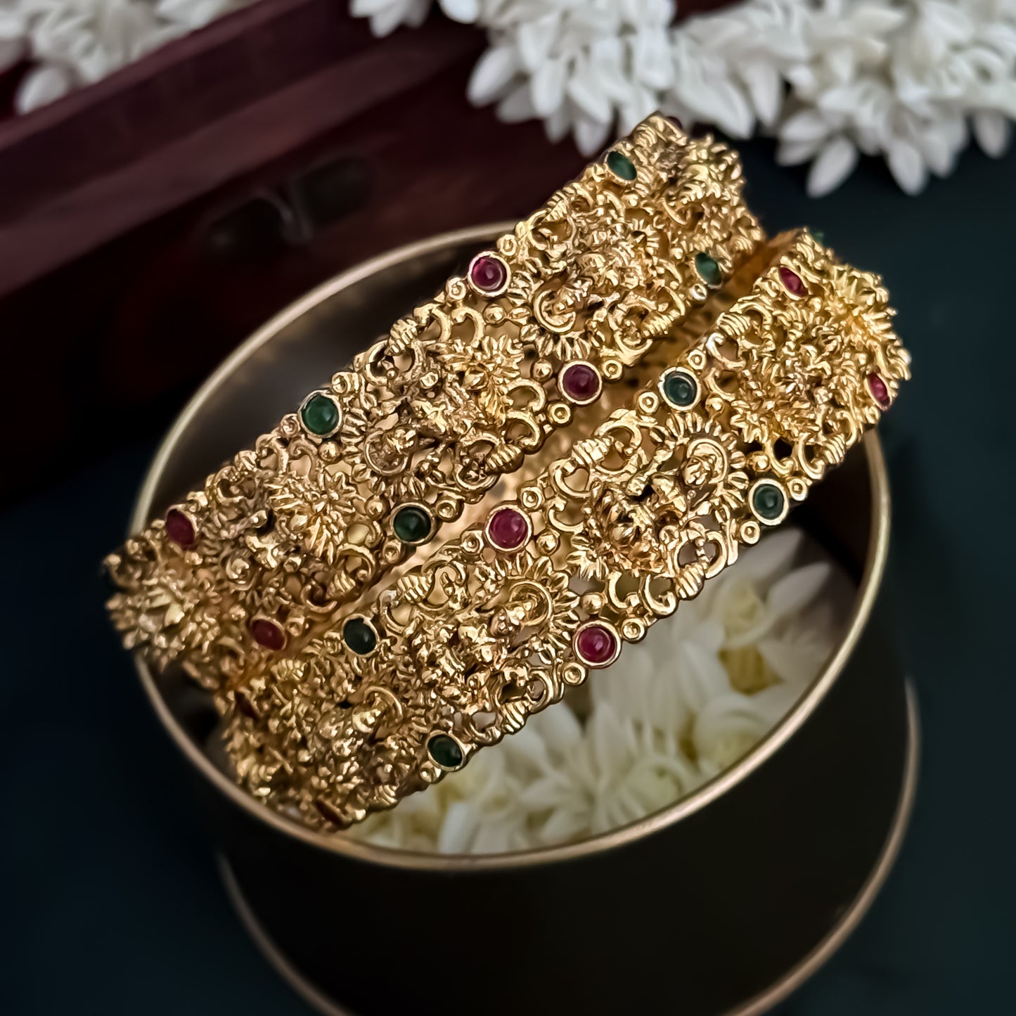Mahalakshmi Temple Gold Bangles with Ruby & Emerald Stones - Set of 2