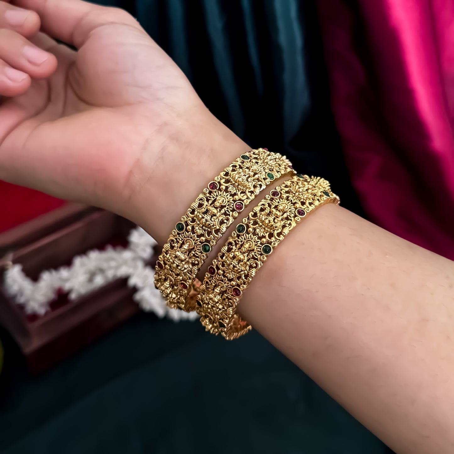 Mahalakshmi Temple Gold Bangles with Ruby & Emerald Stones - Set of 2