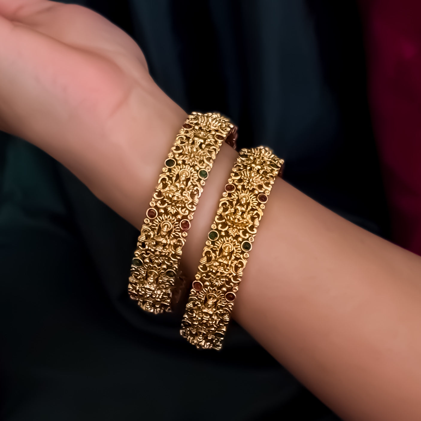 Mahalakshmi Temple Gold Bangles with Ruby & Emerald Stones - Set of 2