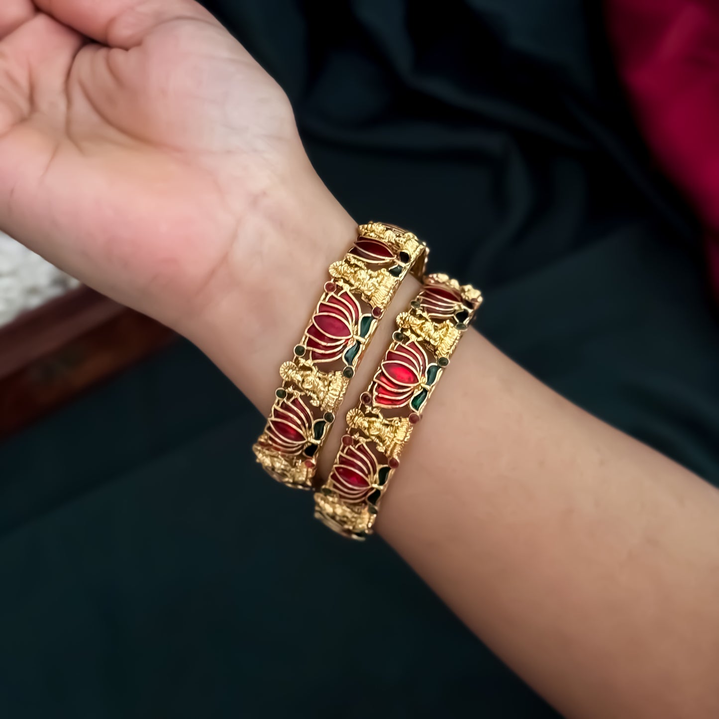 Nalini Lotus Lakshmi Temple Gold Bangles - Set of 2