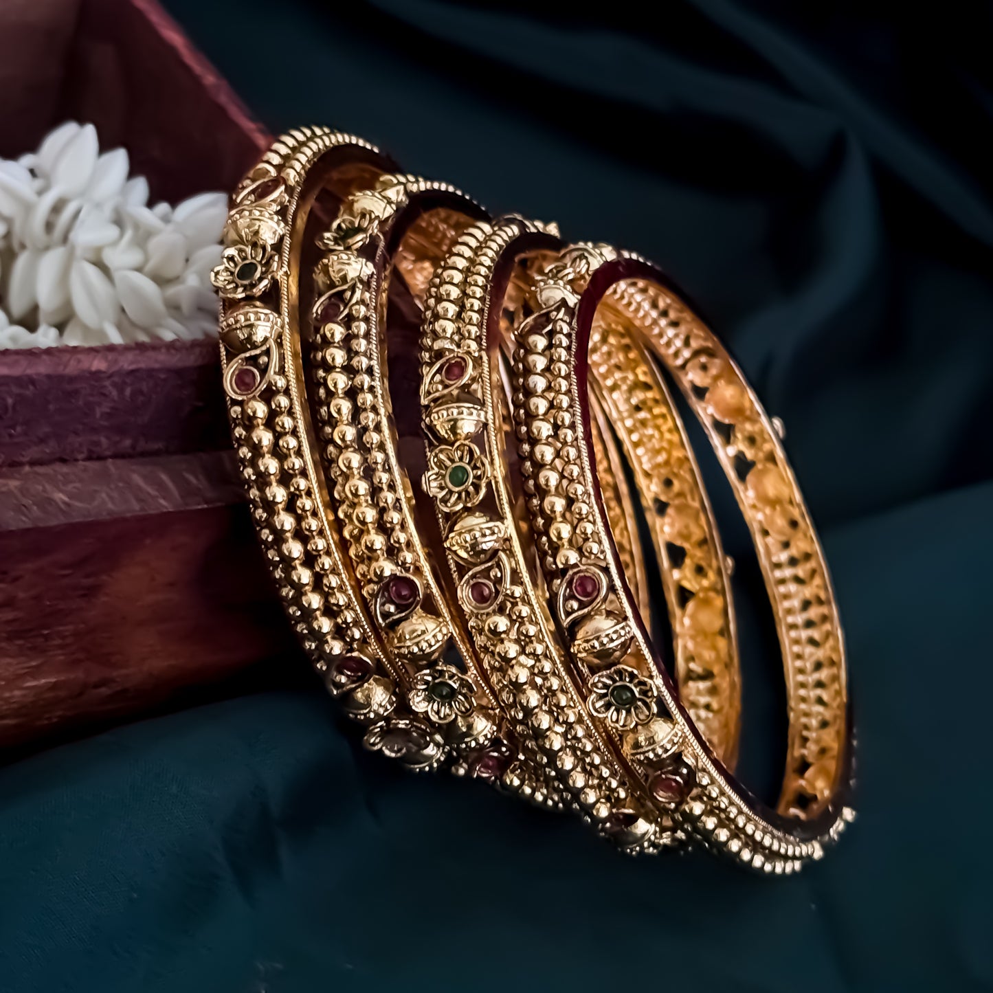 Madhurika Temple Gold Bangles with Ruby & Emerald Stones - Set of 4