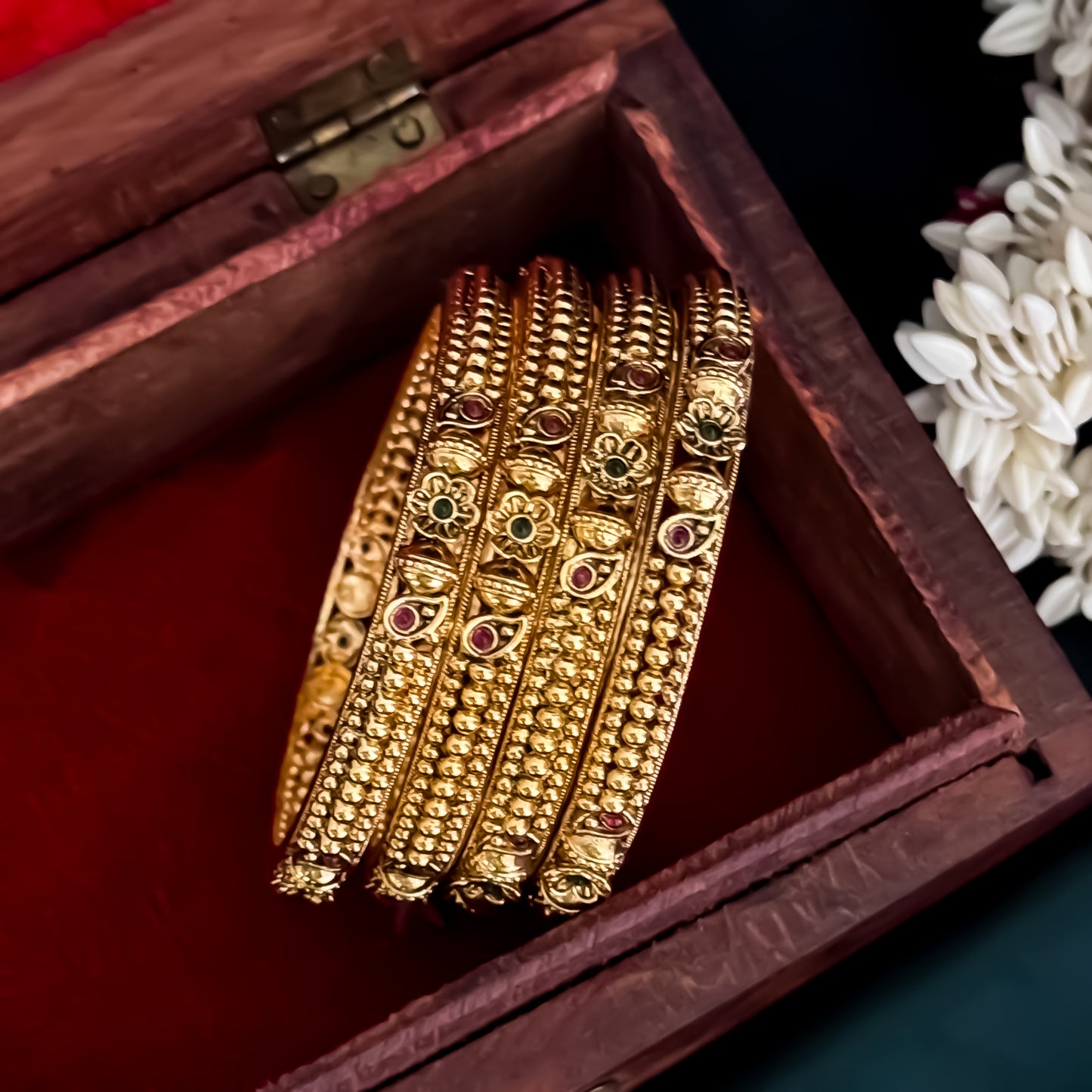 Madhurika Temple Gold Bangles with Ruby & Emerald Stones - Set of 4