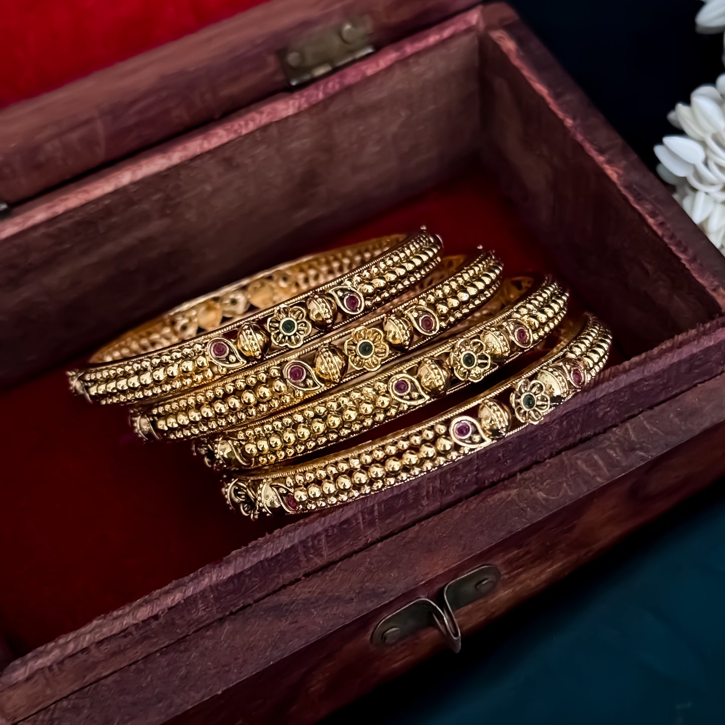 Madhurika Temple Gold Bangles with Ruby & Emerald Stones - Set of 4