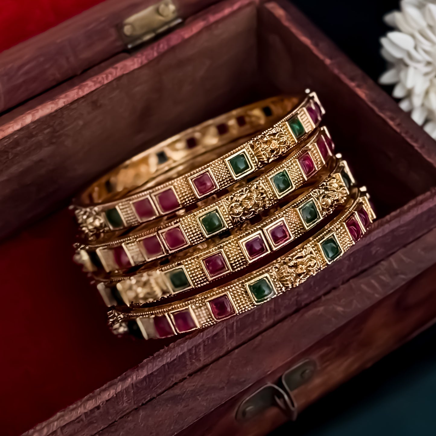 Kumkum Temple Gold Bangles with Ruby & Emerald Stones - Set of 4
