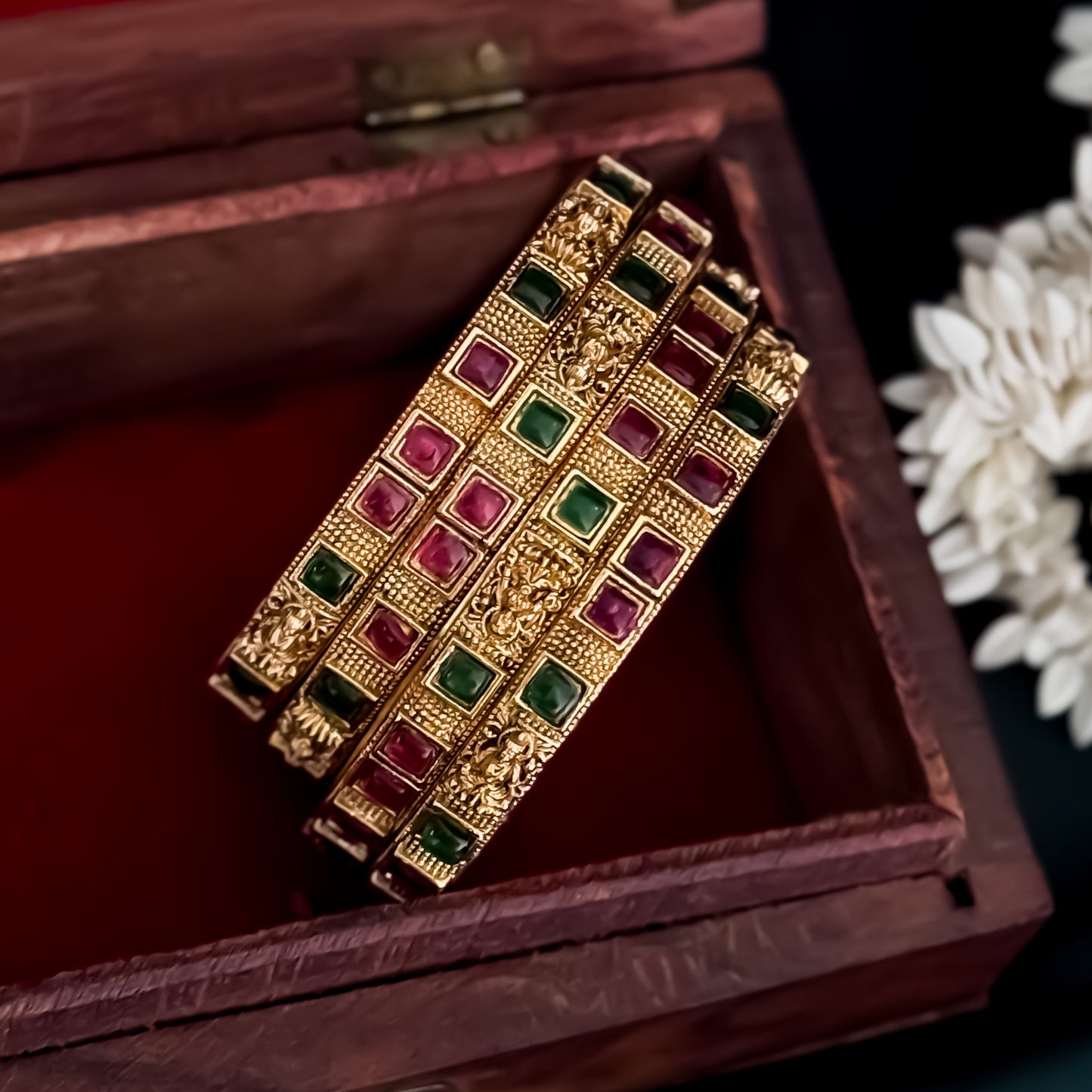 Kumkum Temple Gold Bangles with Ruby & Emerald Stones - Set of 4