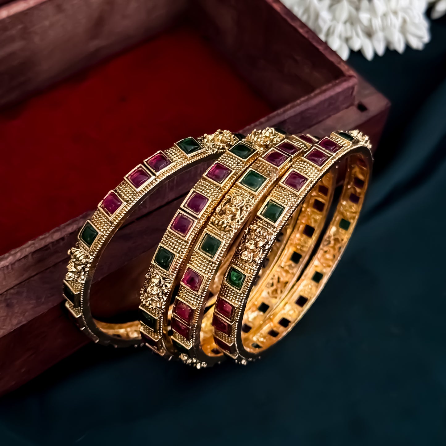 Kumkum Temple Gold Bangles with Ruby & Emerald Stones - Set of 4