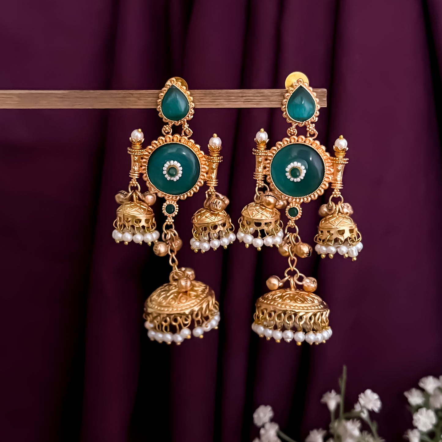 Kanchi Premium Kashmiri Brass Ghungroo Jhumka Earrings - Turquoise