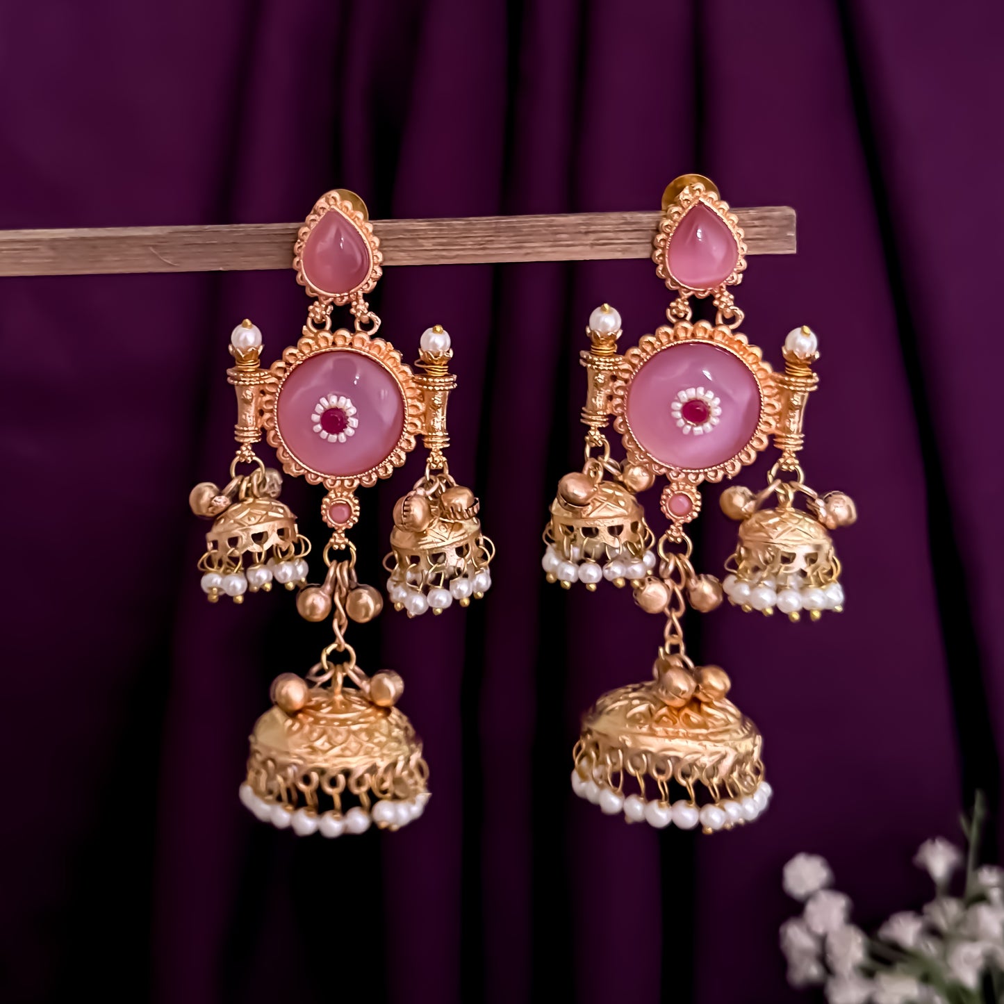 Kanchi Premium Kashmiri Brass Ghungroo Jhumka Earrings - Pastel Pink