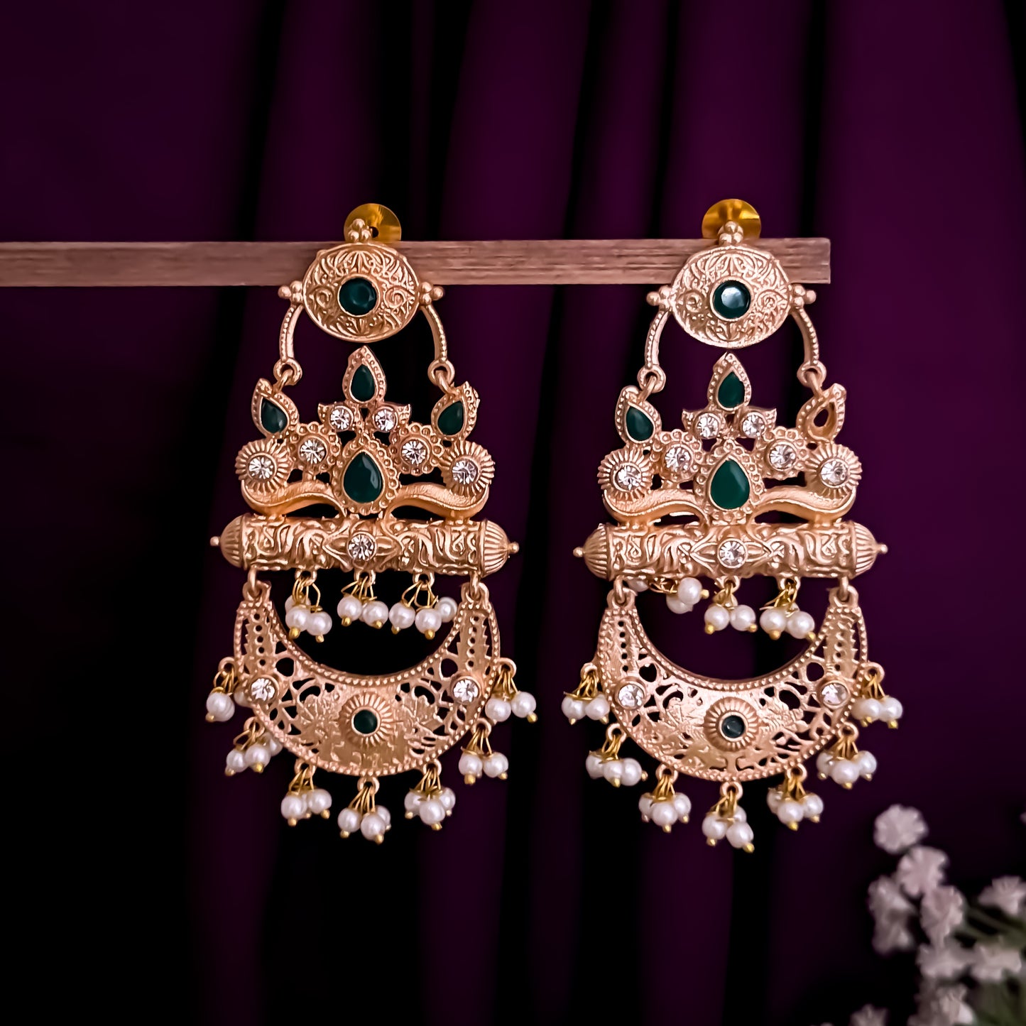 Bhavya Golden & Green Kashmiri Brass Chandbali Earrings