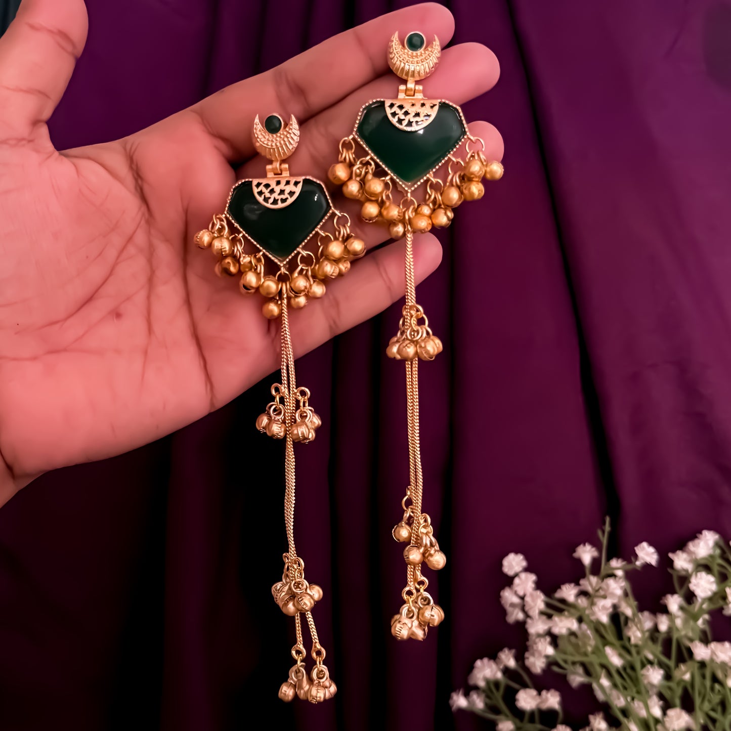 Mrunal Premium Kashmiri Brass Dejhoor Ghungroo Jhumka Earrings - Green