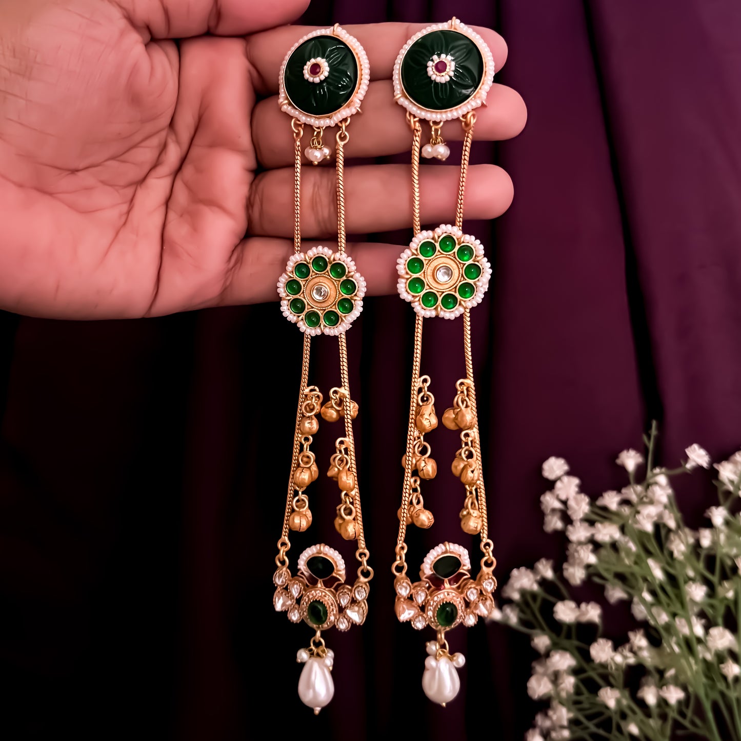 Brinda Premium Kashmiri Brass Dejhoor Ghungroo Jhumka Earrings - Green