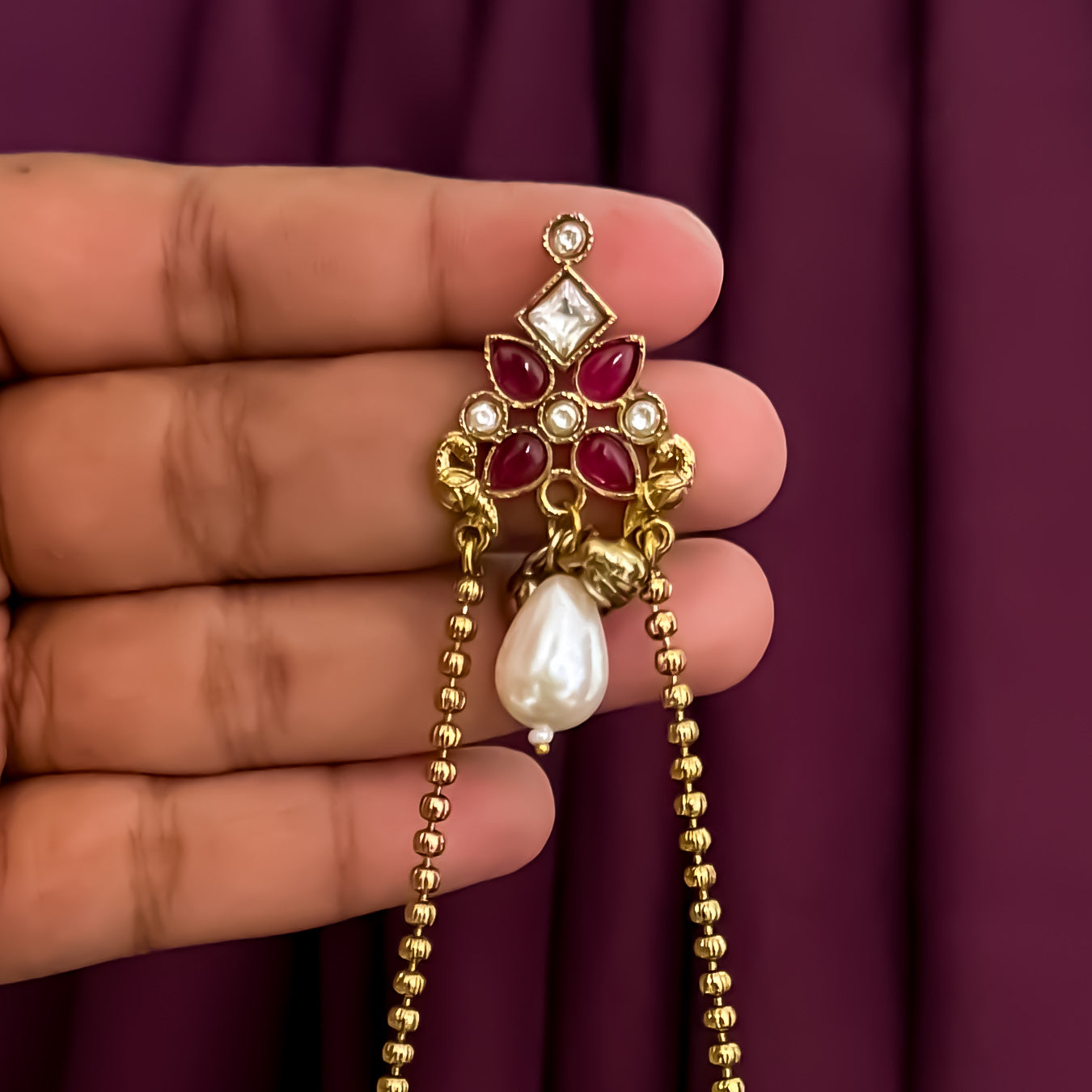 Meghana Premium AD Kashmiri Brass Ghungroo Jhumka Earrings - Ruby