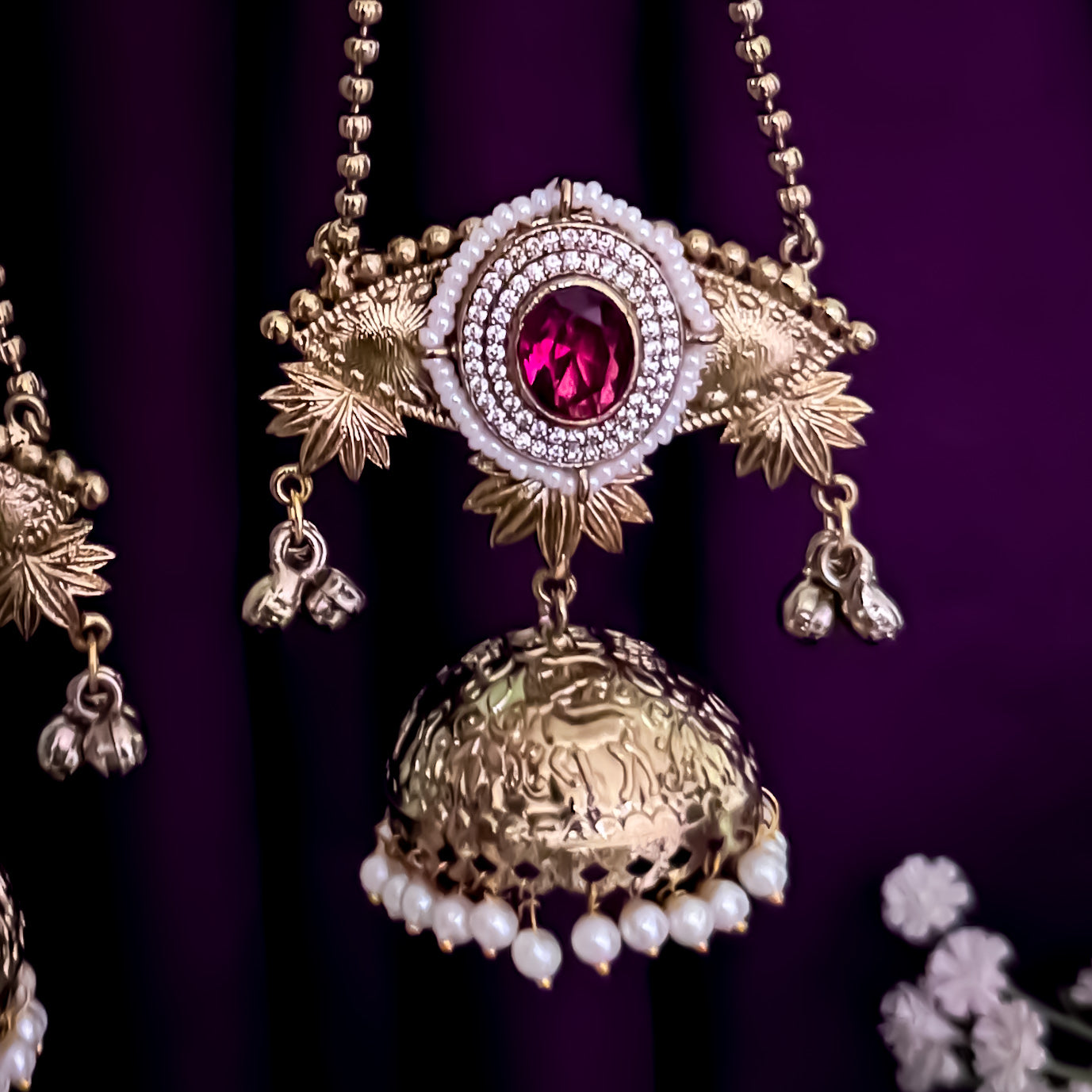 Meghana Premium AD Kashmiri Brass Ghungroo Jhumka Earrings - Ruby